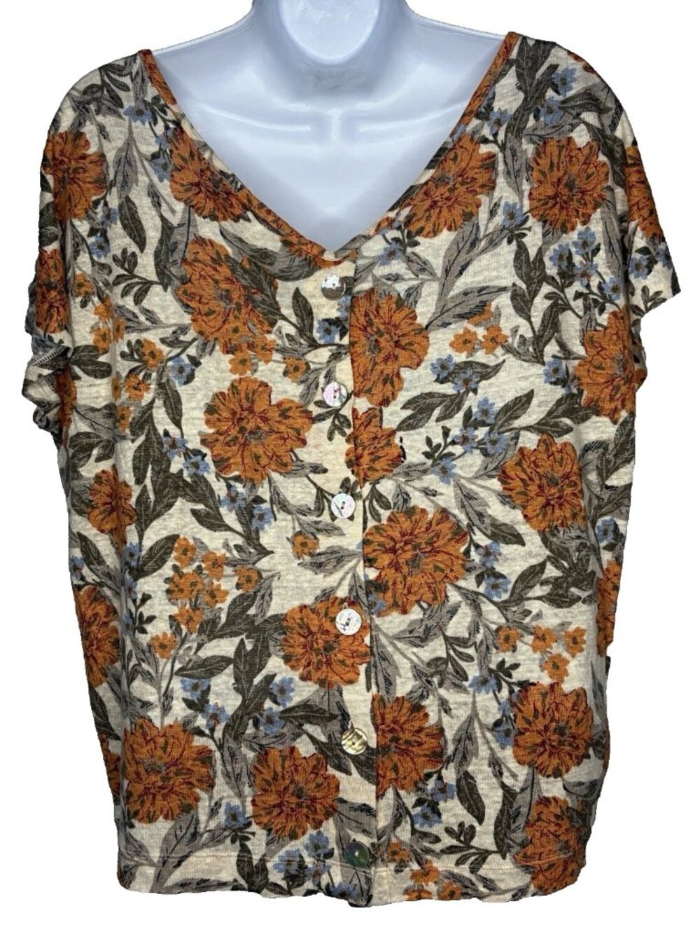 Haute Hippie Linen Blouse Top Size L Cream Orange Floral Abalone Button Back - Picture 5 of 8